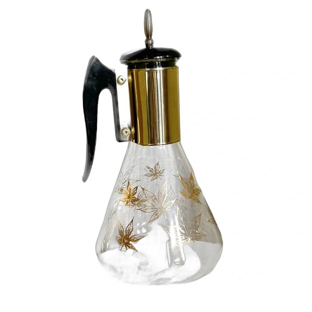 1950s-1960s Mid-Century Vintage Signed Fred Press Gold Leaves Coffee Carafe Bar